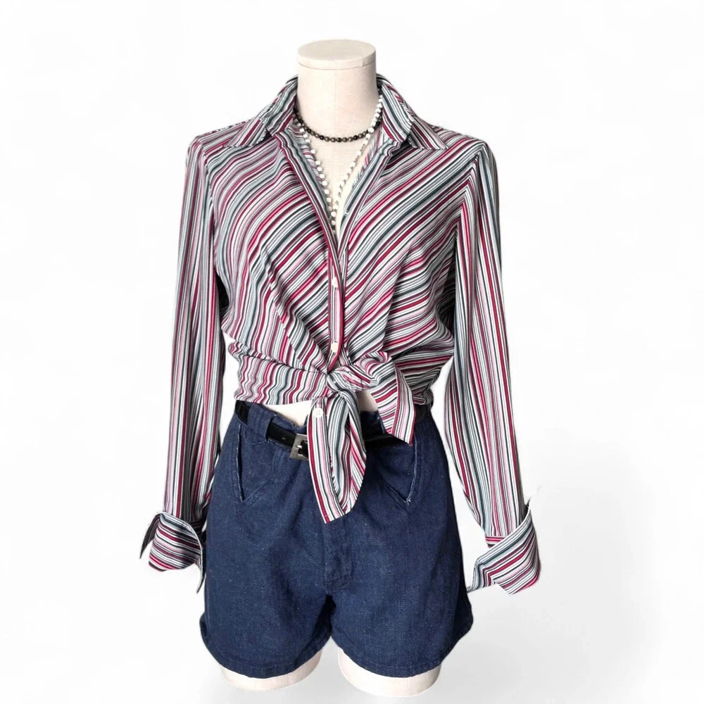 Vintage Worthington‎ Pinstripe Shirt Red Gray | Dark Academia Office Chic School
